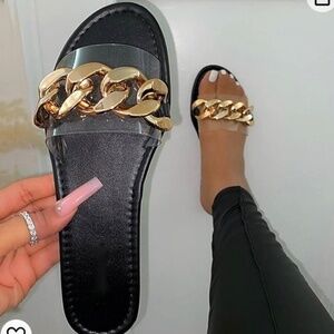 Flat black sandals,clear strap,golden chain